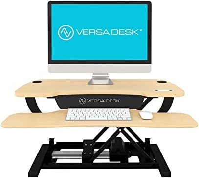 VERSADESK PowerPro Elite 48” x 24" – App Controlled X-Large Electric Standing Desk Converter w/USB Charging Port. Raises up to 20”. Fully Assembled – Includes LED Lights. Supports 80 lbs. – Maple