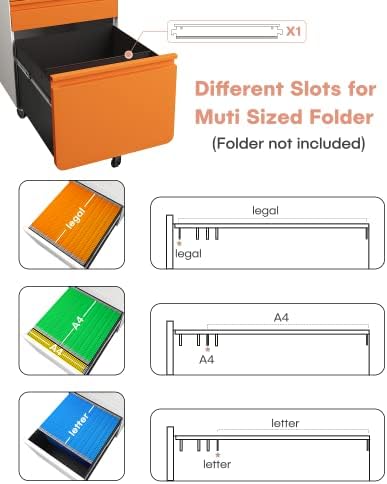 Dripex 3 Drawer Metal Rolling File Cabinet Under Desk Filing Cabinet Orange