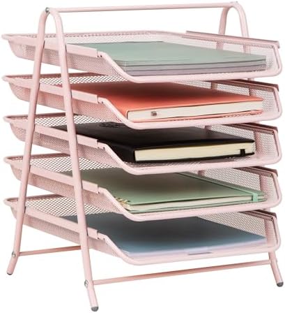 Mind Reader 5-Tier Paper Tray Organizer, Vertical Desktop File Storage Rack, Office, Metal Mesh, Pink