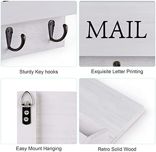 DLQuarts Solid Wood Mail Organizer with Key Holder for Wall, Mail Sorter Wall Mounted, Decorative Wooden Key and Mail Holder with 3 Hooks, Soft White