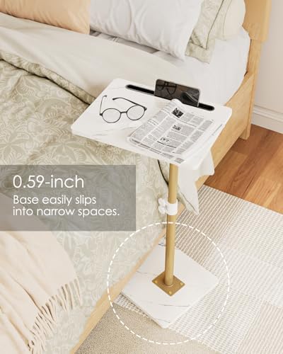 Masupu Sofa Arm Tray Table - 360° Swivel Height Adjustable End Table, Small Snack Side Table for Couch, C Shaped Table for Bed, Chair or TV Tray Table(Marble White and Gold)