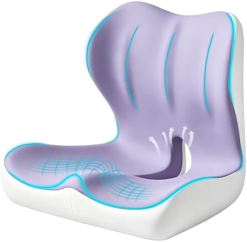 Seat Cushion for Office Chair and Car, Ergonomic Memory Foam Seat Cushion with Lumbar Support Pillow, Orthopedic Cushion for Sciatica & Back Pain, Purple & Light Gray