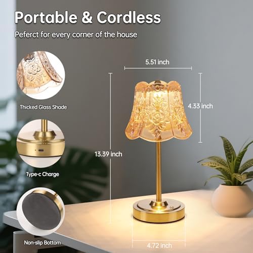 Shenmoyl Set of 2 Cordless Touch Table Lamp with 5200mAh Battery - 3 Adjustable Color Temperatures & Dimmable, Rechargeable Lamp for Bedsides, Living Room, Entryway, Bookshelves (Amber Rose)