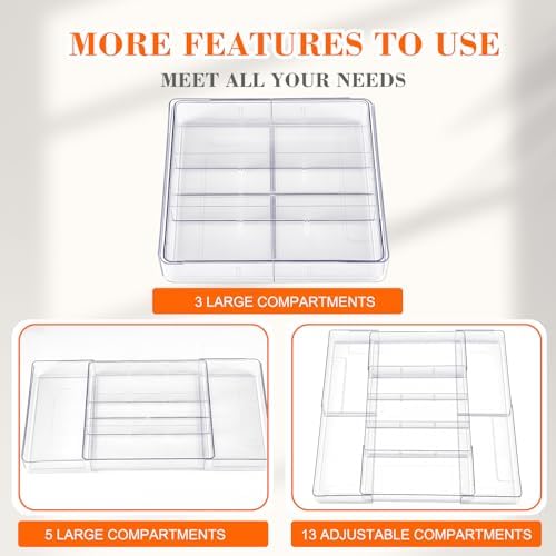 Briwooody 2 Pcs Expandable Drawer Organizer, Clear, 15 Compartments