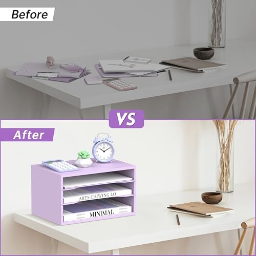 3 Tier Wood Desk Organizer, Paper Organizer for Desk, Purple