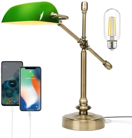 FIRVRE Green Bankers Desk Lamp, Dimmable Retro LED Desk Lamp with Charging Function, Touch Adjustable Dimming E26 Lamp, Retro Style Reading Light for Study, Home Office, Living Room(1Bulb Included)