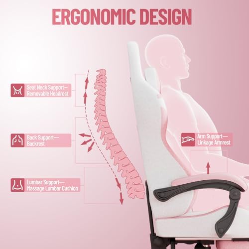 Ferghana Fabric Ergonomic Gaming Chair, High Back Computer Chair with Footrest and Linkage Armrest, Office Video Game Chair with Massage Lumbar Support for Adult, White/Pink