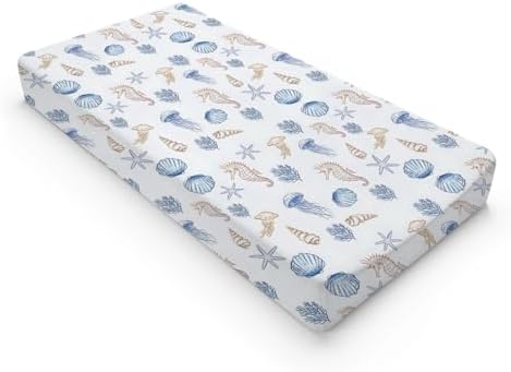Sea Animals Seashells Seahorse Starfish Baby Changing Pad Cover, Unisex Ocean Beach Theme Nursery Diaper Changing Table Pad Mat Sheet for Boys Girls-16x32