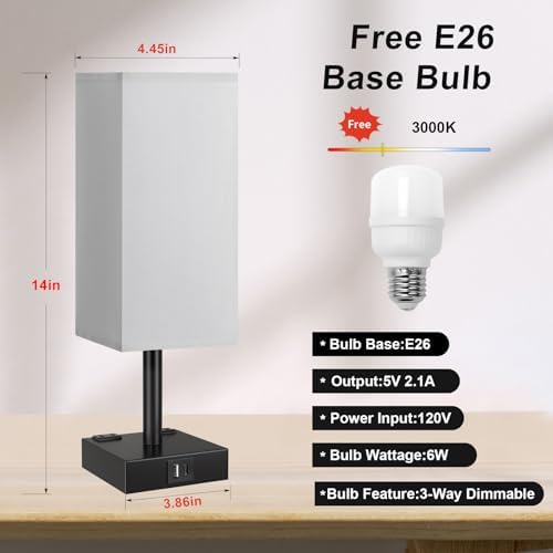 Grey Touch Table Lamp for Bedroom - Dimmable, USB C+A, 2 AC Outlets