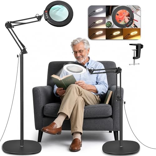 LANCOSC 15X Magnifying Glass with Light and Stand, Real Glass Lens, 5 Color Modes Dimmable, 3-in-1 Adjustable Swing Floor Lamp, LED Lighted Hands Free Magnifier & Clamp for Reading, Crafts, Painting