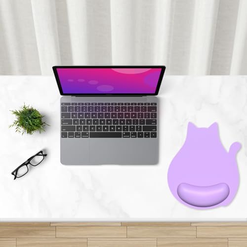 Ergonomic Mouse Pad with Wrist Rest, Cute Cat Memory Foam Padded Pain Relief Non-Slip Wrist Support Mouse Mat for Gaming Work Computer Laptop, Funny Office Supplies Desk Accessory, Purple