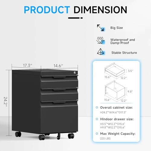 3 Drawer Mobile File Cabinet with Lock, Rolling File Cabinet with Wheels
