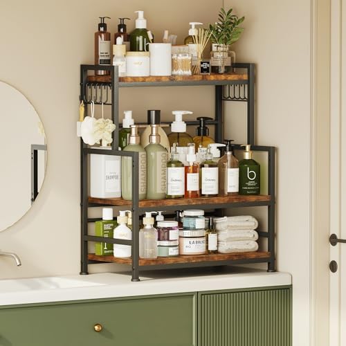23.6"W Large Kitchen Countertop Organizer,3 Tier Spice Rack Organizer with Adjustable Shelf and 10 Hooks,Wooden Counter Organizer,Space Saving Countertop Shelf Microwave Stand for Kitchen,Coffee Bar