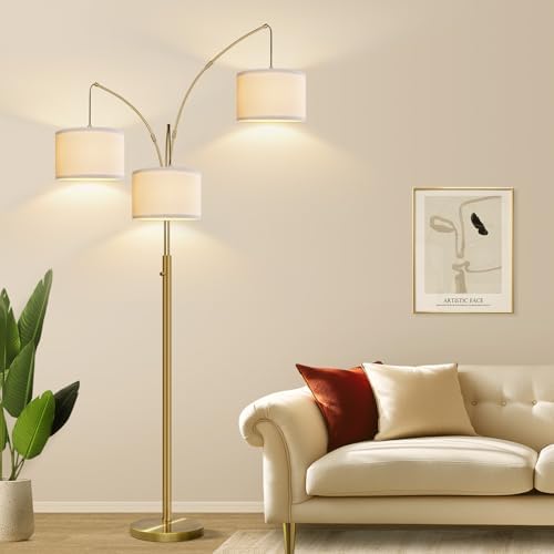 Dimmable Floor Lamp, 3 Lights Brass Arc Floor Lamp, Modern Tall Standing Tree Lamp with Beige Linen Shades & Heavy Base, 3000LM LED Bulbs, Bright Lighting for Living Room, Bedroom, Office & Reading