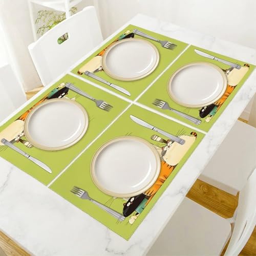 Cute Cats Family Cartoon Washable Placemats Set of 4, Durable Heat Resistant Table Mats 17.7 X 11.8 Inch for Dining Table Kitchen Decor Indoor Use