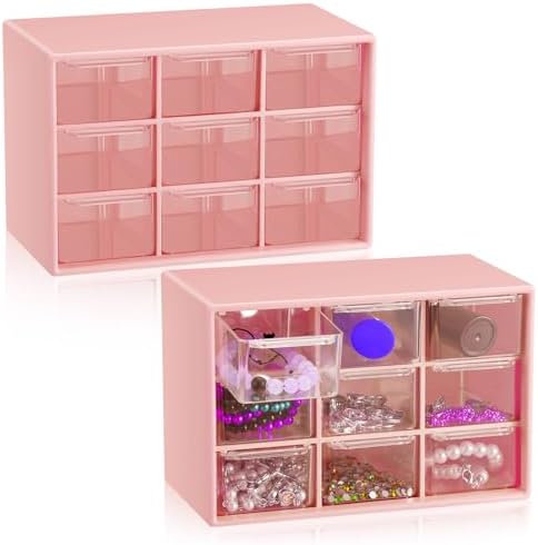Wenqik 2 Pcs Mini Storage Drawers with 9 Clear Drawers, Pink