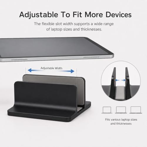 Vertical Laptop Stand Holder, Aluminum Adjustable Laptop Storage Rack, Space Saving Desktop Laptop Holder for MacBook, Surface, Samsung, HP, Dell up to 17.3 inches (Black)