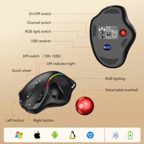 TECKNET Wireless Trackball Mouse, Bluetooth Mouse with Ergonomic, Red