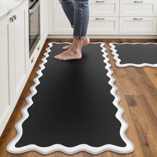Arenarug Scalloped Kitchen Mats for Floor, Black White Kitchen Rug Set of 2