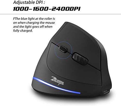 zelotes Wireless Ergonomic Mouse,2400 DPI (3-Level Adjustable),Rechargeable Vertical Mouse for Reduced Wrist Strain,LED Lighting,2.4G with USB Receiver,Optical Portable Mice for/Laptop/PC (Black)