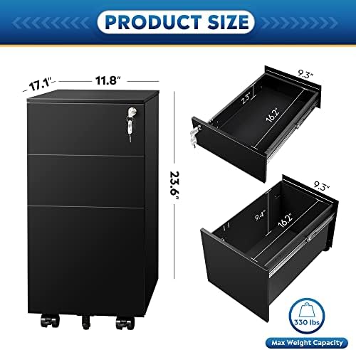 DEVAISE Slim File Cabinet, 3 Drawer Mobile Filing Cabinet for Letter/Legal/A4 Files, Fully Assembled Except Wheels, Black