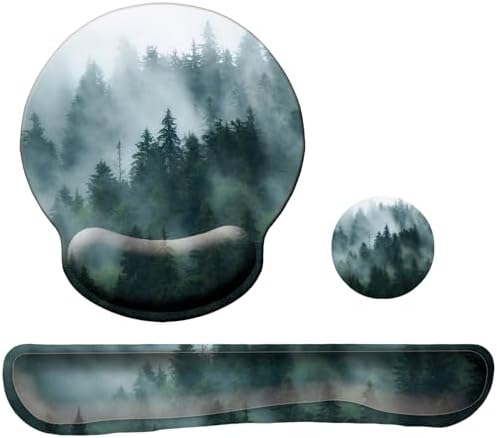 Keyboard Wrist Rest Pad Mouse Pad with Wrist Support Set of 3, Mousepad with Non-Slip Rubber Base, Ergonomic Memory Foam Mouse Wrist Cushion Support for Home Office Laptop Computer Gaming, Forest