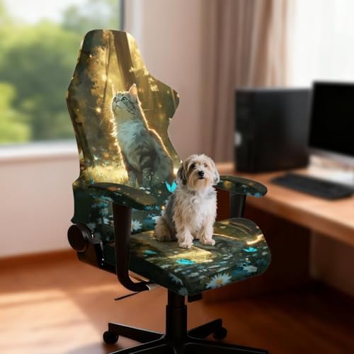 Cat Daisy Butterfly Print Gaming Chair Cover Non Slip Universal Furniture Protector Stretchable Breathable Gamer Chair Slipcover with Armrest Covers