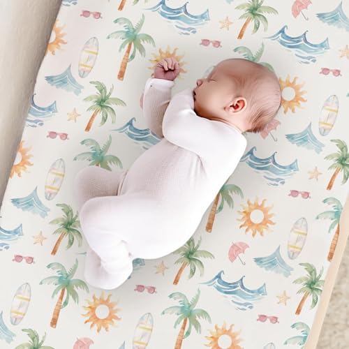Summer Beach Theme Palm Tree Starfish Sun Pattern Baby Changing Pad Cover, Unisex Beach Ocean Theme Nursery Diaper Changing Table Pad Mat Sheet for Boys Girls-16x32