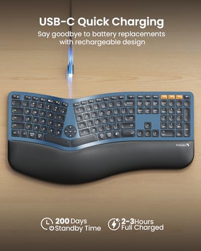 ProtoArc EK01 Plus Backlit Bluetooth Ergonomic Keyboard, Full Size, Blue