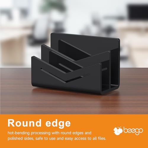 Beego Envelope and Mail Organizer Countertop - 2 Compartments Black Acrylic Desk Organizer Letter Holder Desktop File Sorter Bill Document Folder Rack for Office, Home, School Desk Organization