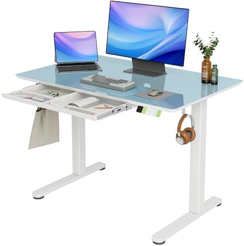 INNOVAR Glass Standing Desk with Drawers 40×24 Inch Morandi Blue