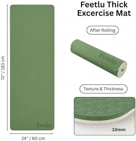 Extra Thick 10mm Yoga Mat, 72" x 24", Non-Slip with Carry Strap