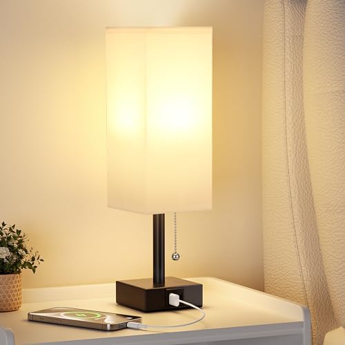 White Bedside Table Lamp for Bedroom - Desk Lamp For Nightstand, USB C+A