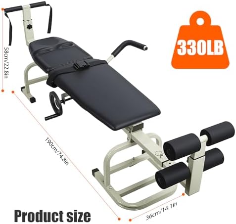 Inversion Massage Traction Table, Portable Cervical Lumbar Traction Bed Spine Stretcher Decompression Machine, Neck & Back Pain Relief Device with Ergonomic Handwheel, 350 LB Capacity (Black)