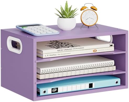 Marbrasse 3 Tier Wood Desk Organizer, Paper Letter Tray Organizer，Purple
