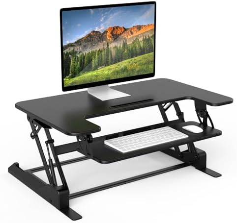 Mount-It! Standing Desk Converter - Height Adjustable Stand Up Desk with Gas Spring Riser - Wide 36 Inch Sit Stand Workstation Fits Dual Monitors – Black (MI-7926)