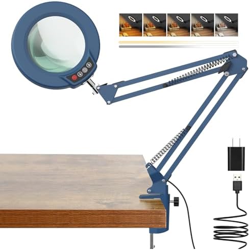 10X Magnifying Glass with Light and Clamp, Real Glass Stand Lighted Magnifier, 5 Color Modes Stepless Dimmable LED Desk Lamp Hands Free for Crafts Hobby Reading Painting Sewing Close Work - Blue