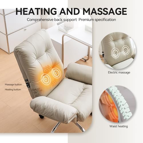 EMIAH Heated and Massage Office Chair with Foot Rest, PU Leather, Beige