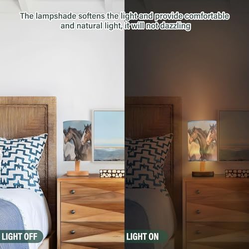 Bedside Lamp Horses Table Lamp for Bedroom LED Nightstand Lamp Shade USB Ports Wood Base for Living Room Dorm Office