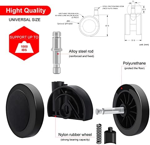 Herman Miller 60mm(2.36") Aeron Chair Caster Wheel Replacement(Set of 5,Black), Heavy Duty, Universal Size, Fit Most Brand Office Chair