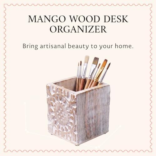 Mela Artisans Ajenta Mango Wood Pen Holder - Whitewash