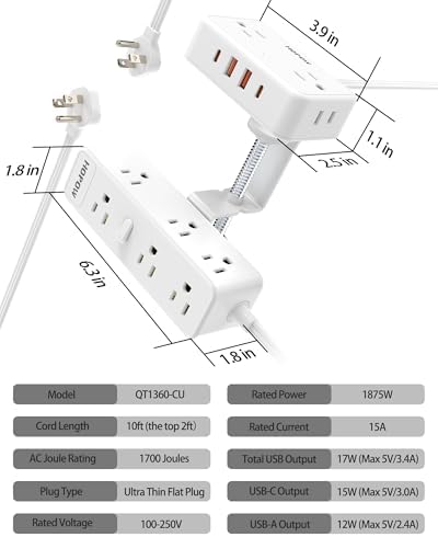 HOPOW Dual Layer Desk Clamp Power Strip, 13 Outlets 4 USB, 10FT Cord, White