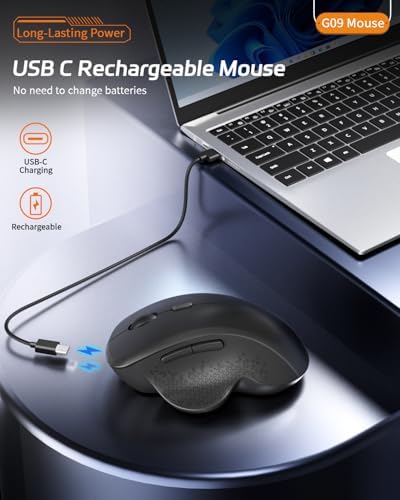 Uiosmuph G09 Bluetooth Wireless Mouse, Rechargeable Ergonomic Mouse - Black