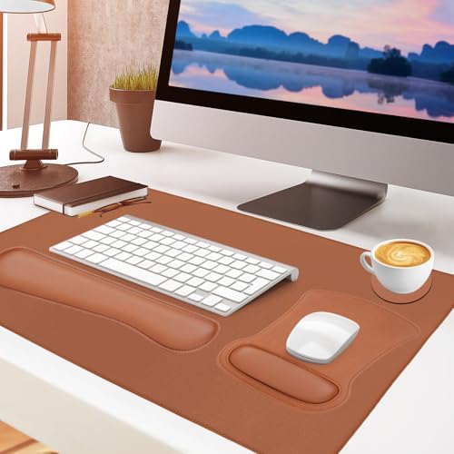 MOSISO Keyboard Mouse Pad Set, PU Leather Large Gaming Mousepad, Brown