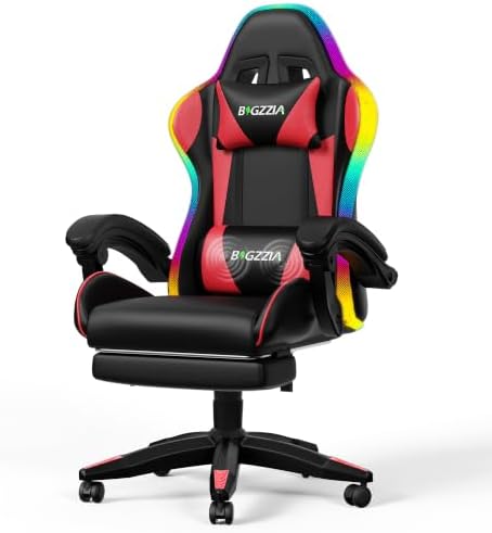 Bigzzia RGB Gaming Chair with Footrest, Lumbar Massage for Adult/Kid（Red）