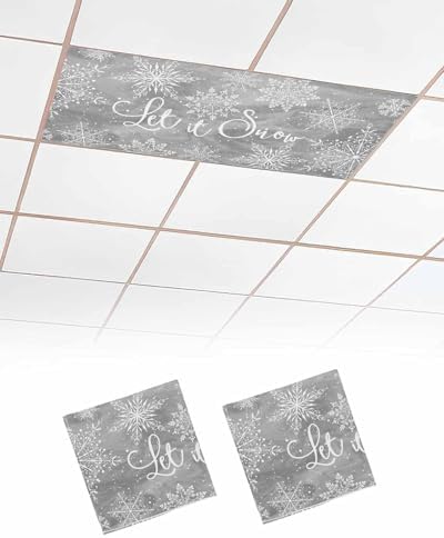 Grey Snowflake Magnetic Fluorescent Light Covers for Ceiling Lights 2 x 4 Feet,Christmas Winter Festival Xmas Modern Office Classroom Kitchen Drop Ceiling Light Covers Lighting Shade Panel 2 Packs