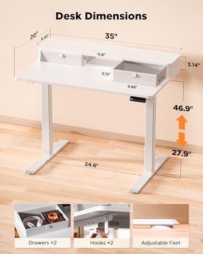 FiCiHi 35x20 Inch Electric Standing Desk, 2 Drawers, Adjustable Height Desk