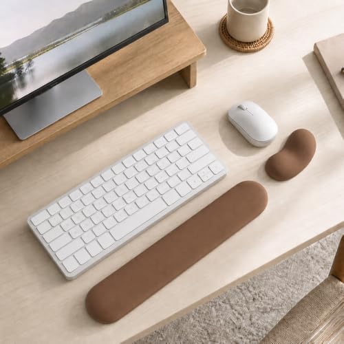 Ergonomic Wrist Rest Set for Keyboard and Mouse | Cooling Gel & Slow-Rebound Memory Foam Palm Support Pad | Luxe Leather, Minimalist, Non-Slip PU Base for Office, Laptop & Gaming (05Brwon)