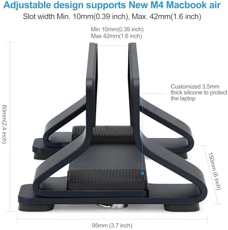 Aluminum Vertical Laptop Stand Dock Holder, Adjustable Slot Width 12-42mm, Space-Saving Upright Storage for MacBook and Laptops
