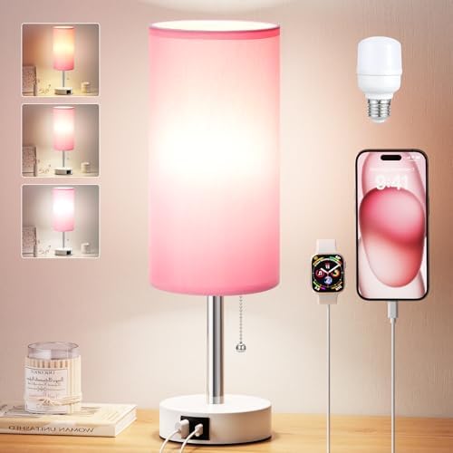 Dicoool Pink Bedside Table Lamp for Girls Bedroom - USB A+C Charging Ports